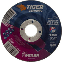 Weiler - 24 Grit, 4-1/2" Wheel Diam, 7/8" Arbor Hole, Type 27 Depressed Center Wheel - Medium Grade, Ceramic, R Hardness, 13,300 Max RPM - Americas Industrial Supply