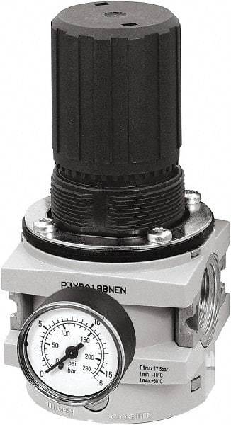 Parker - 1 NPT Port, 550 CFM, Aluminum Hi-Flow Regulator - 0 to 232 psi Range, 254 Max psi Supply Pressure, 1/4" Gauge Port Thread, 3-1/2" Wide x 7.2" High - Americas Industrial Supply