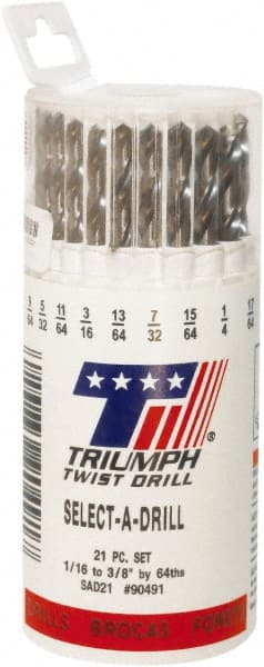 Triumph Twist Drill - 1/16 to 3/8", 135° Point, Bright Finish, High Speed Steel Jobber Length Drill Bit Set - Americas Industrial Supply