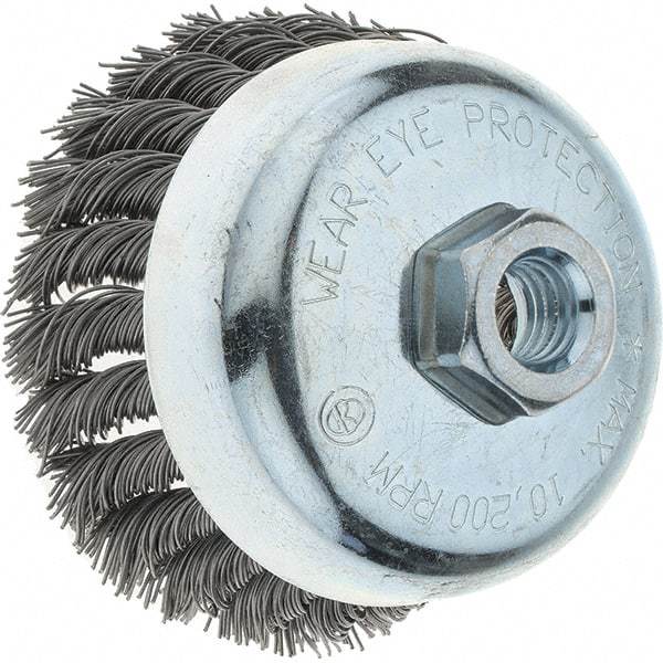 Tru-Maxx - 4" Diam, 5/8-11 Threaded Arbor, Steel Fill Cup Brush - 0.023 Wire Diam, 1-1/4" Trim Length, 10,200 Max RPM - Americas Industrial Supply