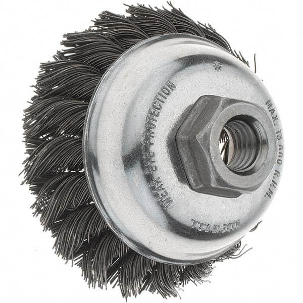 Tru-Maxx - 3-1/2" Diam, 5/8-11 Threaded Arbor, Steel Fill Cup Brush - 0.023 Wire Diam, 7/8" Trim Length, 13,000 Max RPM - Americas Industrial Supply