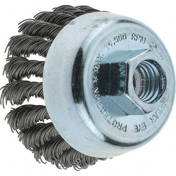 Tru-Maxx - 2-3/4" Diam, 5/8-11 Threaded Arbor, Steel Fill Cup Brush - 0.02 Wire Diam, 1" Trim Length, 14,000 Max RPM - Americas Industrial Supply