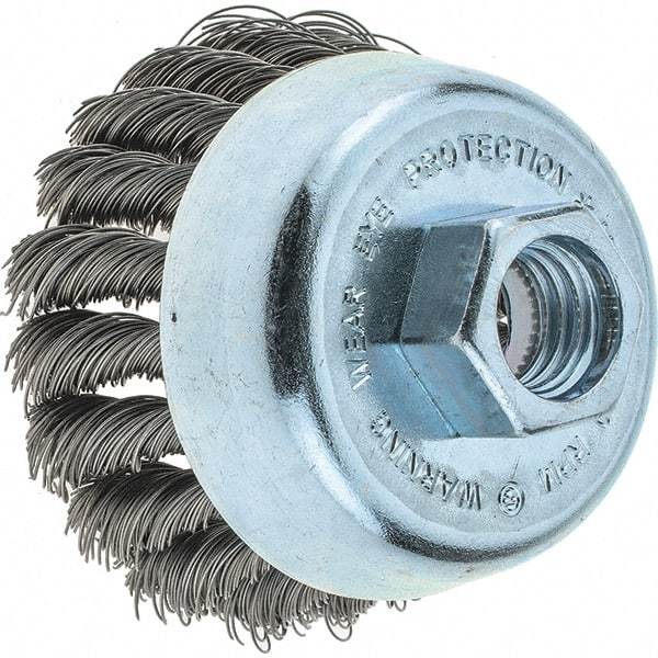 Tru-Maxx - 2-3/4" Diam, 5/8-11 Threaded Arbor, Steel Fill Cup Brush - 0.014 Wire Diam, 1" Trim Length, 14,000 Max RPM - Americas Industrial Supply