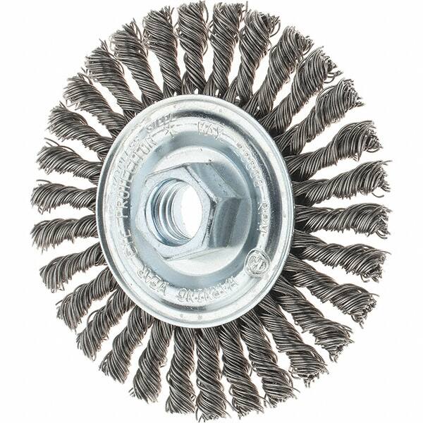 Tru-Maxx - 4" OD, 5/8-11 Arbor Hole, Stringer Bead Stainless Steel Wheel Brush - 1/4" Face Width, 7/8" Trim Length, 0.02" Filament Diam, 20,000 RPM - Americas Industrial Supply