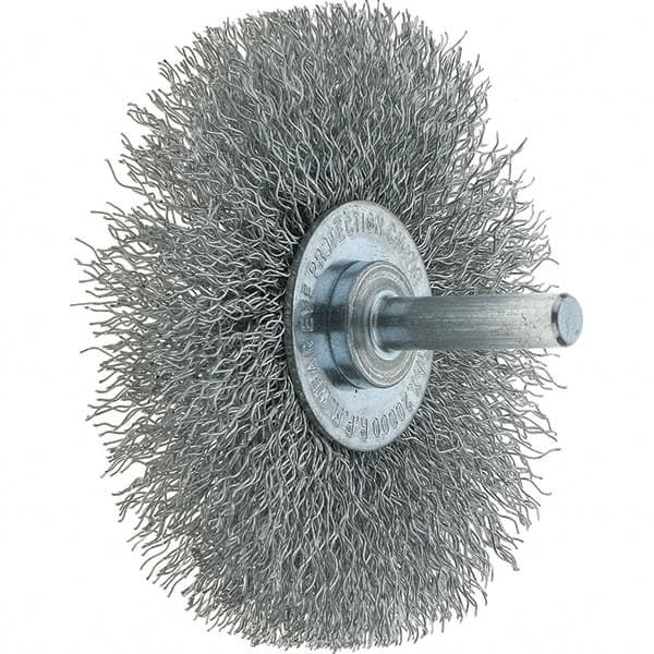 Tru-Maxx - 3" OD, 1/4" Shank Diam, Crimped Steel Wheel Brush - 1/2" Face Width, 13/16" Trim Length, 0.014" Filament Diam, 20,000 RPM - Americas Industrial Supply