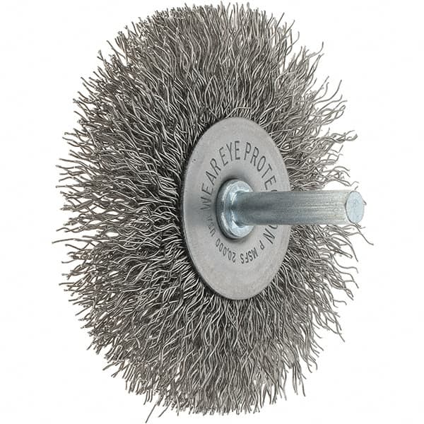 Tru-Maxx - 3" OD, 1/4" Shank Diam, Crimped Stainless Steel Wheel Brush - 1/2" Face Width, 13/16" Trim Length, 0.014" Filament Diam, 20,000 RPM - Americas Industrial Supply