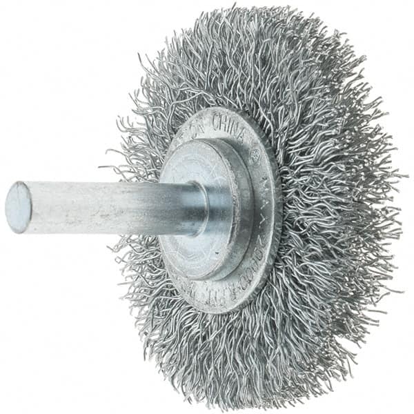 Tru-Maxx - 2" OD, 1/4" Shank Diam, Crimped Steel Wheel Brush - 3/8" Face Width, 7/16" Trim Length, 0.014" Filament Diam, 20,000 RPM - Americas Industrial Supply