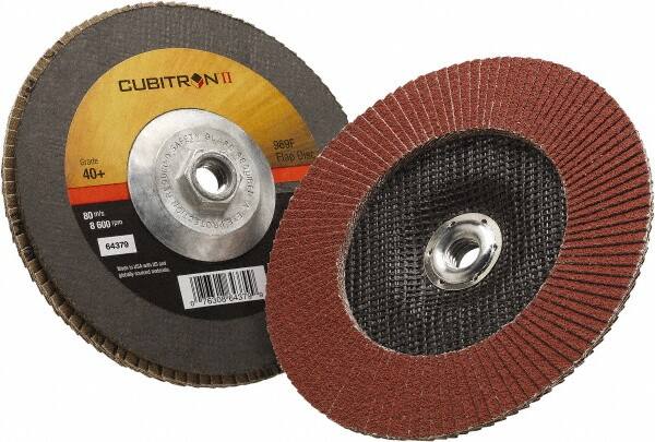 3M - 40 Grit, 7" Disc Diam, 5/8-11 Center Hole, Type 27 Ceramic Flap Disc - 8,500 Max RPM, Polyester Backing, Arbor Attaching System, Coated - Americas Industrial Supply