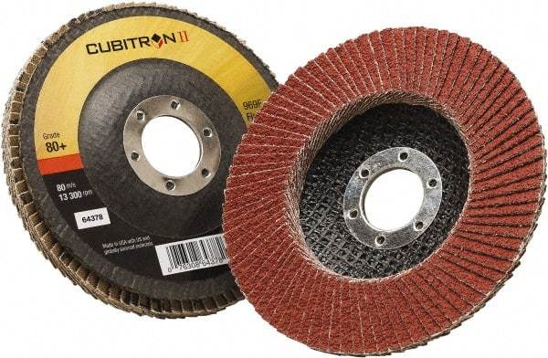 3M - 80 Grit, 4-1/2" Disc Diam, 7/8" Center Hole, Type 27 Ceramic Flap Disc - 13,300 Max RPM, Polyester Backing, Arbor Attaching System, Coated - Americas Industrial Supply