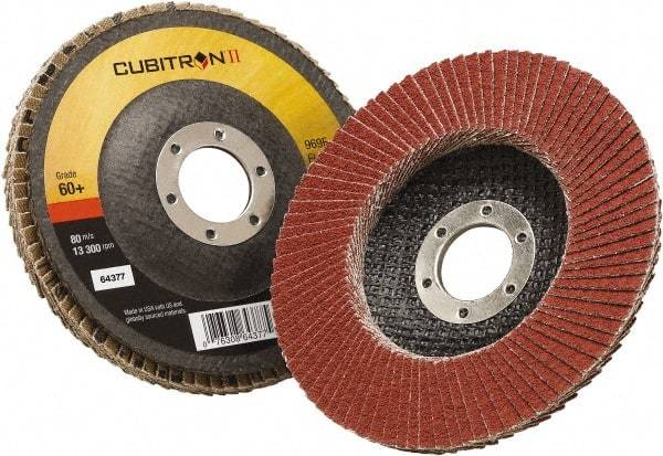 3M - 60 Grit, 4-1/2" Disc Diam, 7/8" Center Hole, Type 27 Ceramic Flap Disc - 13,300 Max RPM, Polyester Backing, Arbor Attaching System, Coated - Americas Industrial Supply