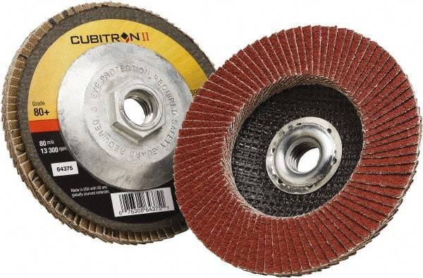 3M - 80 Grit, 4-1/2" Disc Diam, 5/8-11 Center Hole, Type 27 Ceramic Flap Disc - 13,300 Max RPM, Polyester Backing, Arbor Attaching System, Coated - Americas Industrial Supply