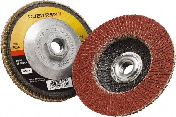 3M - 60 Grit, 4-1/2" Disc Diam, 5/8-11 Center Hole, Type 27 Ceramic Flap Disc - 13,300 Max RPM, Polyester Backing, Arbor Attaching System, Coated - Americas Industrial Supply