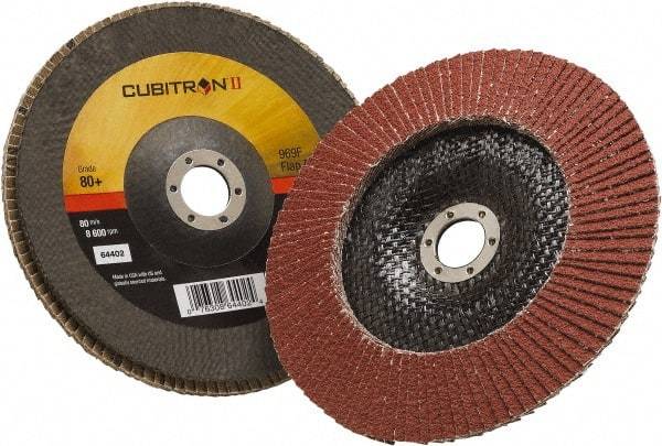 3M - 80 Grit, 7" Disc Diam, 7/8" Center Hole, Type 29 Ceramic Flap Disc - 8,500 Max RPM, Polyester Backing, Arbor Attaching System, Coated - Americas Industrial Supply