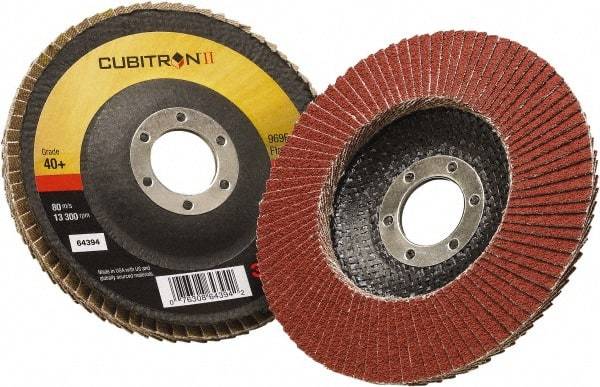 3M - 40 Grit, 5" Disc Diam, 7/8" Center Hole, Type 29 Ceramic Flap Disc - 12,100 Max RPM, Polyester Backing, Arbor Attaching System, Coated - Americas Industrial Supply