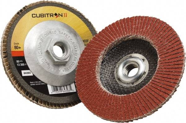 3M - 80 Grit, 4" Disc Diam, 3/8-24 Center Hole, Type 29 Ceramic Flap Disc - 15,000 Max RPM, Polyester Backing, Arbor Attaching System, Coated - Americas Industrial Supply