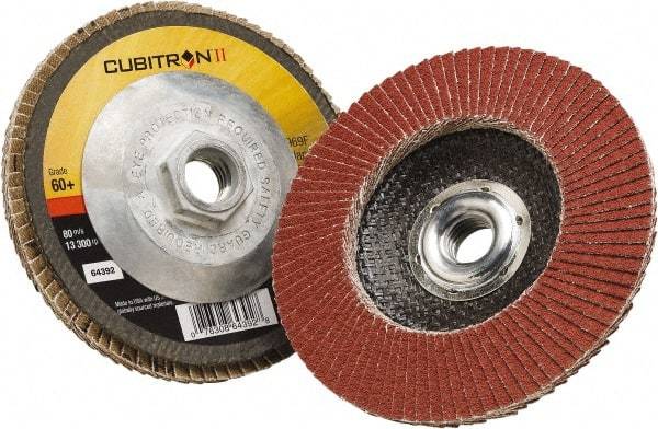 3M - 60 Grit, 4" Disc Diam, 5/8" Center Hole, Type 29 Ceramic Flap Disc - 15,000 Max RPM, Polyester Backing, Arbor Attaching System, Coated - Americas Industrial Supply
