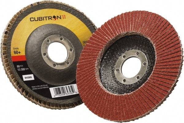 3M - 60 Grit, 4-1/2" Disc Diam, 7/8" Center Hole, Type 29 Ceramic Flap Disc - 13,300 Max RPM, Polyester Backing, Arbor Attaching System, Coated - Americas Industrial Supply