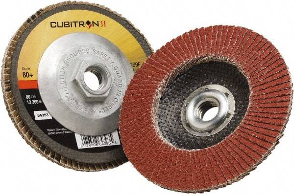 3M - 80 Grit, 4-1/2" Disc Diam, 5/8-11 Center Hole, Type 29 Ceramic Flap Disc - 13,300 Max RPM, Polyester Backing, Arbor Attaching System, Coated - Americas Industrial Supply