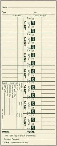 TOPS - 9-39/64" High x 6-5/16" Wide Weekly Time Cards - Use with Acroprint 1900L, Lathem 1900L - Americas Industrial Supply