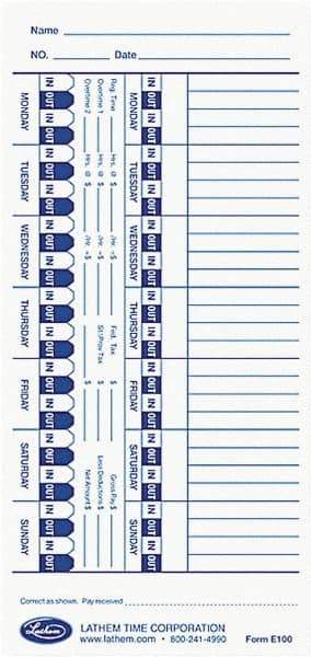 Lathem Time - 1-1/4" High x 4" Wide Weekly Time Cards - Use with Lathem E Series Time Recorders - Americas Industrial Supply