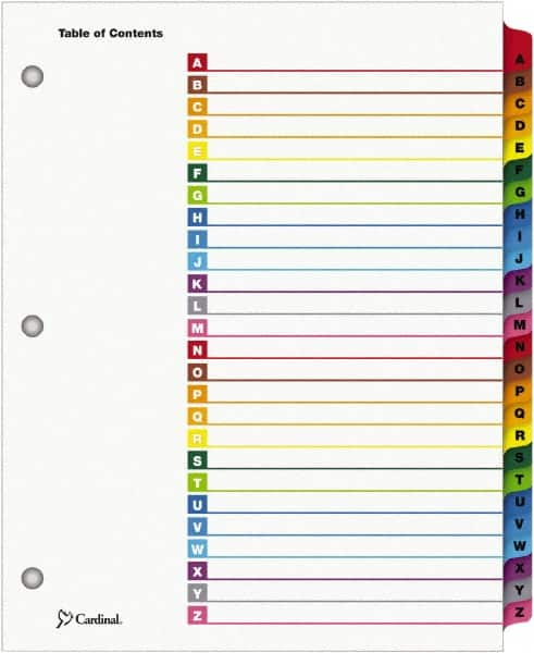 Cardinal - 11 x 8 1/2" 26 Tabs, 3-Hole Punched, Index Tab - Multi-Color Tabs, Multi-Color Folder - Americas Industrial Supply