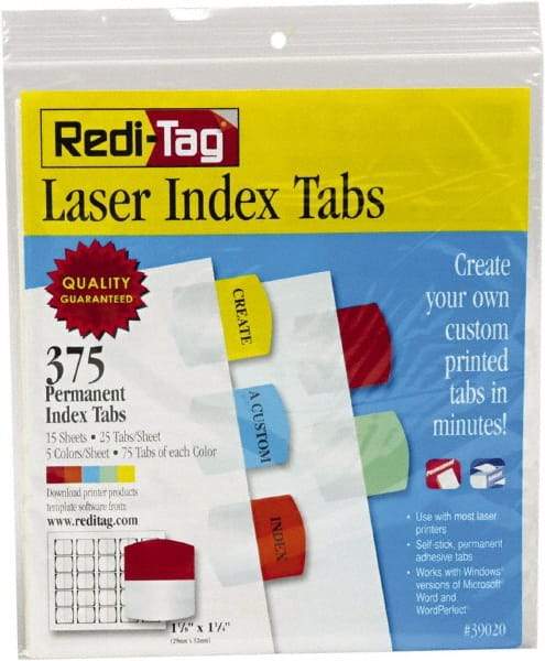 Redi-Tag - 1-1/8 x 1-1/4" 5 Tabs, Self-Adhesive, Self-Adhesive File Folder Tabs - Red, Blue, Mint, Orange, Yellow - Americas Industrial Supply