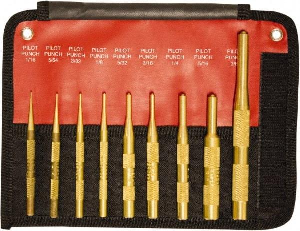 Mayhew - 9 Piece, 1/16 to 3/8", Brass Pilot Punch Kit - Round Shank, Brass, Comes in Pouch - Americas Industrial Supply