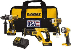 DeWALT - 20 Volt Cordless Tool Combination Kit - Includes 1/2" Brushless Hammerdrill, Brushless 1/4" Impact Driver, Brushless Reciprocating Saw & LED Worklight, Lithium-Ion Battery Included - Americas Industrial Supply