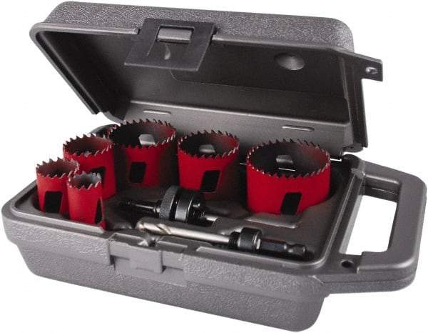 M.K. MORSE - 8 Piece, 7/8" to 2-1/2" Saw Diam, Electrician's Hole Saw Kit - Bi-Metal, Toothed Edge, Pilot Drill Model No. MAPD301, Includes 3 Hole Saws - Americas Industrial Supply