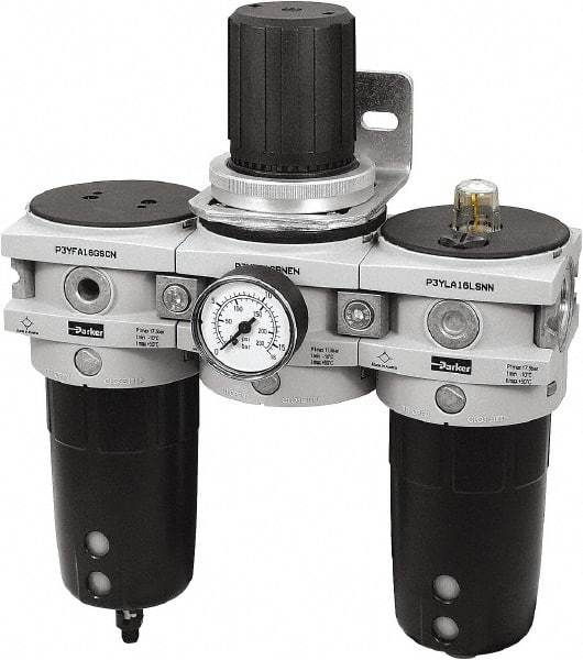 Parker - 3/4" NPT Port Heavy-Duty 3 Piece Filter-Regulator-Lubricator FRL Unit - Polypropylene Bowl, 170 SCFM, 254 Max psi, 13-1/2" High, Manual Drain - Americas Industrial Supply