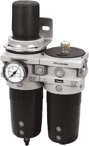 Parker - 1" NPT Port Heavy-Duty 2 Piece Filter/Regulator-Lubricator FRL Unit - Polypropylene Bowl, 340 SCFM, 254 Max psi, 13-1/2" High, Automatic Drain - Americas Industrial Supply