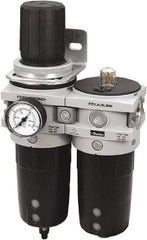 Parker - 3/4" NPT Port Heavy-Duty 2 Piece Filter/Regulator-Lubricator FRL Unit - Polypropylene Bowl, 315 SCFM, 254 Max psi, 13-1/2" High, Manual Drain - Americas Industrial Supply