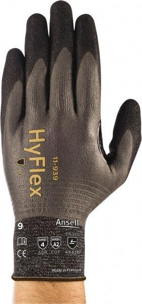 Ansell - Size M (8), ANSI Cut Lvl A2, Abrasion Lvl 4, Nitrile/Polyurethane Coated HPPE Fiber Cut Resistant Gloves - 9.3307" Long, Fully Coated Coated, Spandex & Dyneema/Nylon Lining, Knit Wrist, Gray/Black, Paired - Americas Industrial Supply