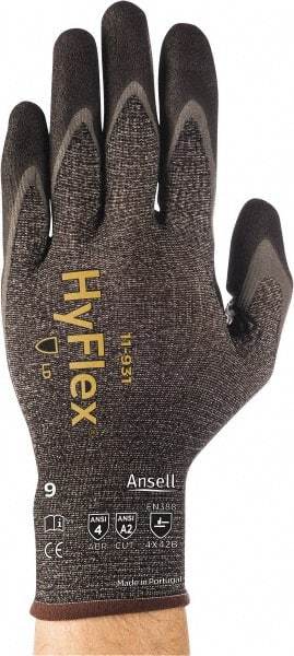 Ansell - Size XS (6), ANSI Cut Lvl A2, Abrasion Lvl 4, Nitrile/Polyurethane Coated HPPE Fiber Cut Resistant Gloves - 8.5827" Long, Palm & Fingers Coated, Spandex & Dyneema/Nylon Lining, Knit Wrist, Gray/Black, Paired - Americas Industrial Supply