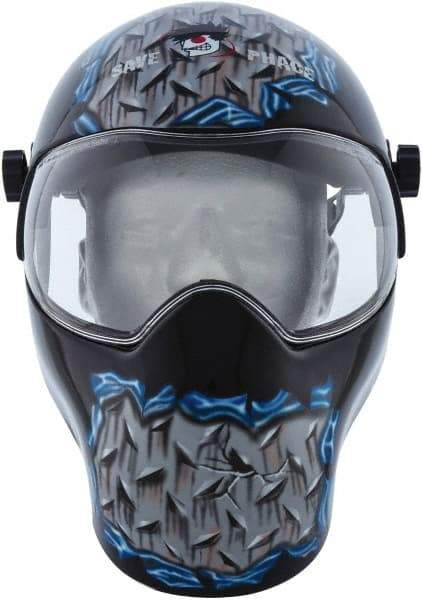 Save Phace - 11" Window Width x 3-3/4" Window Height, Fixed Shade Lens, Fixed Front Welding Helmet - Grey/Black/Blue, Nylon Clear Lens - Americas Industrial Supply