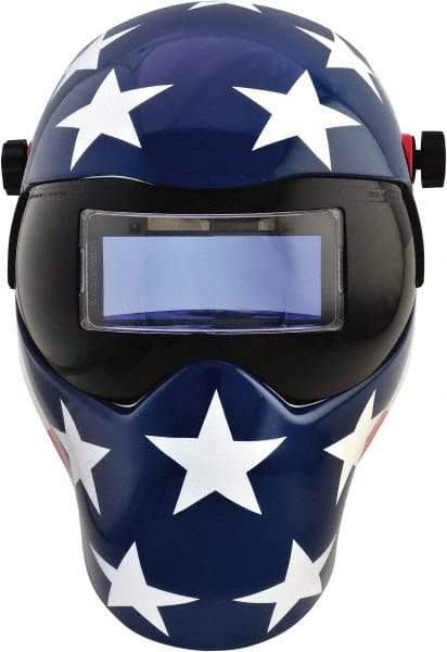 Save Phace - 4-1/4" Window Width x 2" Window Height, 4, 9 to 13 Shade Auto-Darkening Lens, Fixed Front Welding Helmet - Red/White/Blue, Nylon Green Lens - Americas Industrial Supply