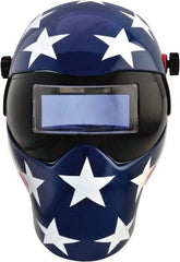 Save Phace - 4-1/4" Window Width x 2" Window Height, 4, 9 to 13 Shade Auto-Darkening Lens, Fixed Front Welding Helmet - Red/White/Blue, Nylon Green Lens - Americas Industrial Supply