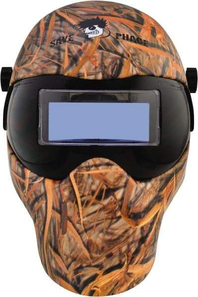 Save Phace - 4-1/4" Window Width x 2" Window Height, 4, 9 to 13 Shade Auto-Darkening Lens, Fixed Front Welding Helmet - Yellow/Black/Tan, Nylon Green Lens - Americas Industrial Supply