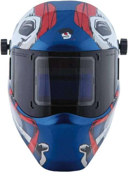 Save Phace - 3.82" Window Width x 1.85" Window Height, 4, 9 to 13 Shade Auto-Darkening Lens, Fixed Front Welding Helmet - Red/White/Blue, Nylon Green Lens - Americas Industrial Supply