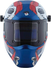 Save Phace - 3.82" Window Width x 1.85" Window Height, 4, 9 to 13 Shade Auto-Darkening Lens, Fixed Front Welding Helmet - Red/White/Blue, Nylon Green Lens - Americas Industrial Supply