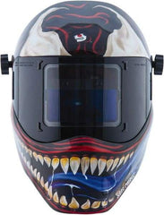 Save Phace - 3.82" Window Width x 1.85" Window Height, 4, 9 to 13 Shade Auto-Darkening Lens, Fixed Front Welding Helmet - Red/White/Blue/Silver, Nylon Green Lens - Americas Industrial Supply