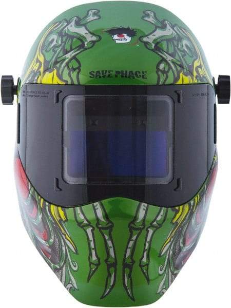Save Phace - 3.82" Window Width x 1.85" Window Height, 4, 9 to 13 Shade Auto-Darkening Lens, Fixed Front Welding Helmet - Green/Blue/Yellow/Red, Nylon Green Lens - Americas Industrial Supply