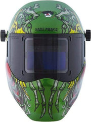 Save Phace - 3.82" Window Width x 1.85" Window Height, 4, 9 to 13 Shade Auto-Darkening Lens, Fixed Front Welding Helmet - Green/Blue/Yellow/Red, Nylon Green Lens - Americas Industrial Supply