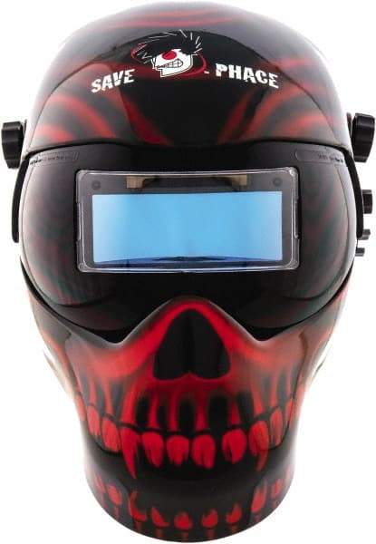 Save Phace - 3.74" Window Width x 1.38" Window Height, 4, 9 to 13 Shade Auto-Darkening Lens, Fixed Front Welding Helmet - Black/Red, Nylon Green Lens - Americas Industrial Supply