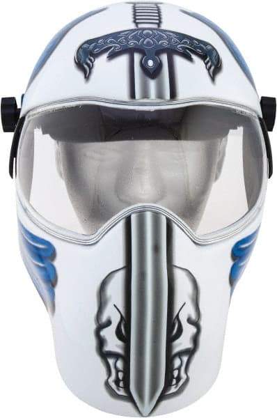 Save Phace - 11" Window Width x 3-3/4" Window Height, 10 Shade Fixed Shade Lens, Fixed Front Welding Helmet - White/Blue/Grey, Nylon Green Lens - Americas Industrial Supply