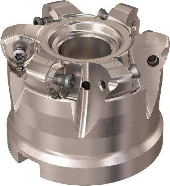 Seco - 6 Inserts, 51.3mm Cutter Diam, 1.8mm Max Depth of Cut, Indexable High-Feed Face Mill - 27mm Arbor Hole Diam, 12.4mm Keyway Width, 50mm High, R220.21 Toolholder, 218.21-230 Inserts, Series High Feed 6 - Americas Industrial Supply