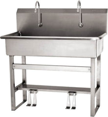 SANI-LAV - 37" Long x 16-1/2" Wide Inside, 1 Compartment, Grade 304 Stainless Steel (3) Person Wash-Station with Double Foot Valves - 16 Gauge, 40" Long x 20" Wide x 45" High Outside, 8" Deep - Americas Industrial Supply