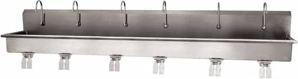 SANI-LAV - 117" Long x 16-1/2" Wide Inside, 1 Compartment, Grade 304 Stainless Steel (6) Person Wash-Station with Double Foot Valves - 16 Gauge, 120" Long x 20" Wide x 18" High Outside, 8" Deep - Americas Industrial Supply