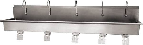 SANI-LAV - 97" Long x 16-1/2" Wide Inside, 1 Compartment, Grade 304 Stainless Steel (5) Person Wash-Station with Double Foot Valves - 16 Gauge, 100" Long x 20" Wide x 18" High Outside, 8" Deep - Americas Industrial Supply