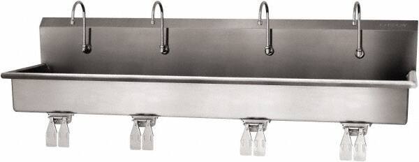 SANI-LAV - 77" Long x 16-1/2" Wide Inside, 1 Compartment, Grade 304 Stainless Steel (4) Person Wash-Station with Double Foot Valves - 16 Gauge, 80" Long x 20" Wide x 18" High Outside, 8" Deep - Americas Industrial Supply